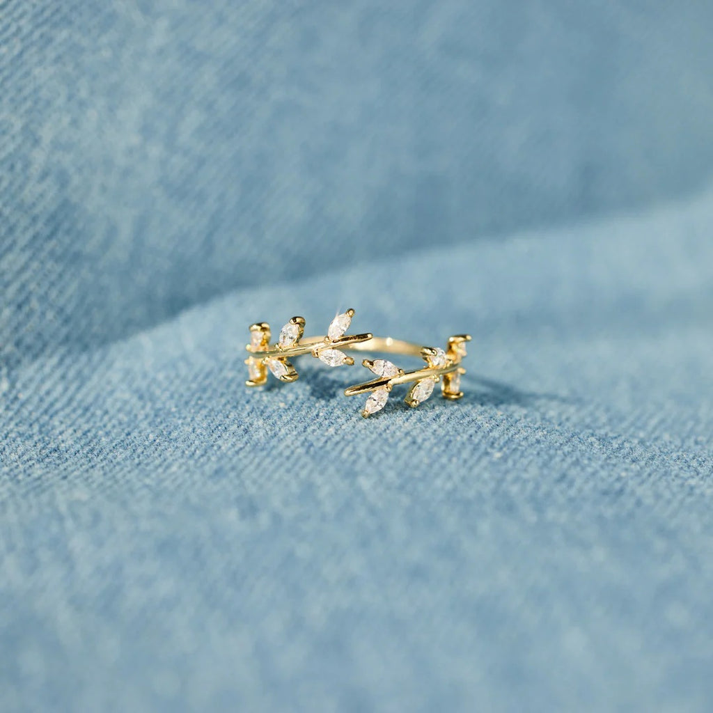 Zircon Leaf Open Ring 18K gold-plated Adjustable 925 Sterling Silver Jewelry a28567e6-3021-470c-928d-73c84fb2b1e1-Max Trendsi