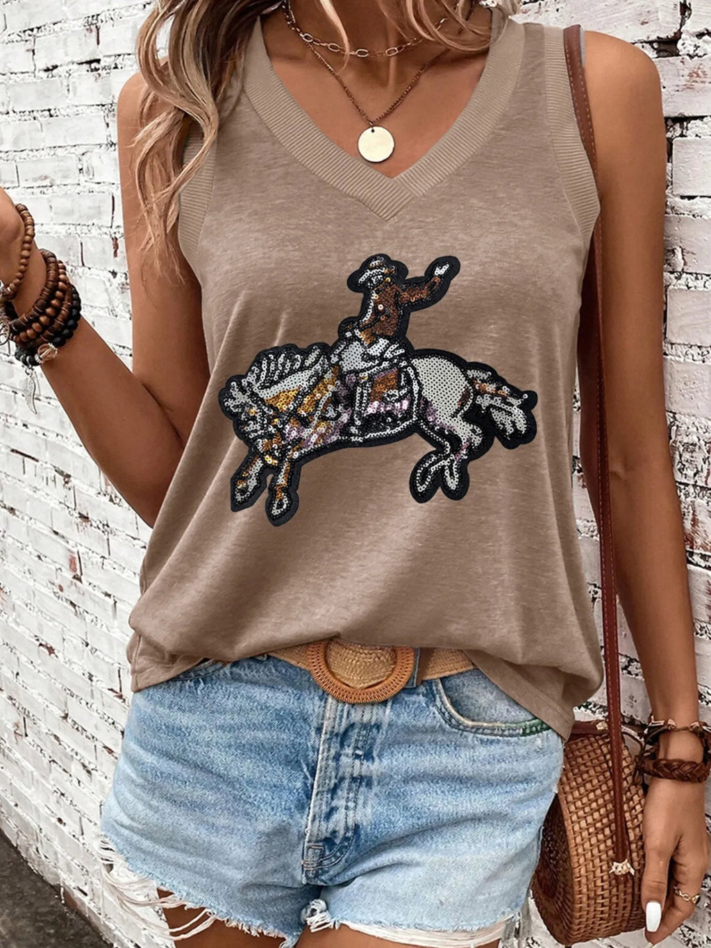 Women's Tank Top Western Sequin Cow Boy V-Neck Sleeveless Blouse a28c00e2-1257-404a-b000-3b9435319ac7-Max-Origin Trendsi