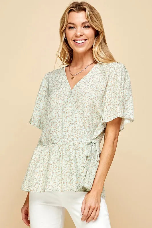 Lime 'N' Chili Wrap Blouse Ditsy Print V-Neck Short Sleeve a28f525c558f4b23860cd421a673dd2b-Max-Origin Trendsi