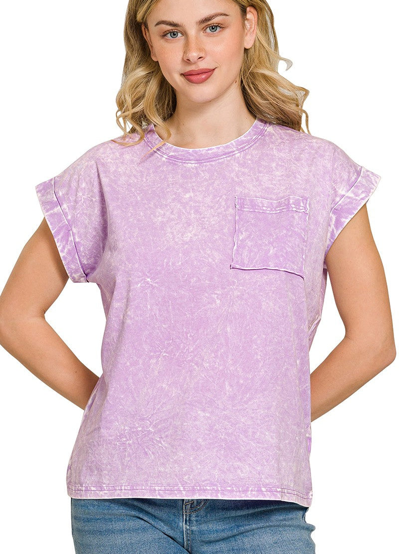 Zenana Full Size Crinkle Washed Round Neck Folded Short Sleeve Tee Plus Size