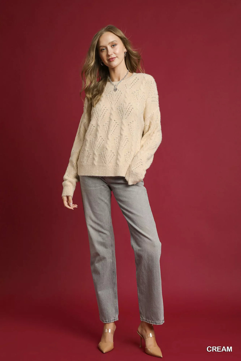 Umgee Sweater Pearl-Embellished Cream Wpemns' Long Sleeve Pullover a29d2c55-c499-482d-baeb-4ca2e35165a9-Max-Origin Trendsi