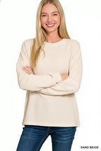 Zenana Blouse Double Knit Round Neck Long Sleeve Top Sand Beige a29e9de1-f290-4cca-b353-344fb1bd3b7e-Max-Origin Trendsi