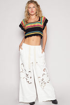 POL Knit T-shirt Openwork Ethnic Pattern Square Neck Cropped Black Knit Top a2a04ea0-e22a-4729-8b4b-850febdaf901-Max Trendsi
