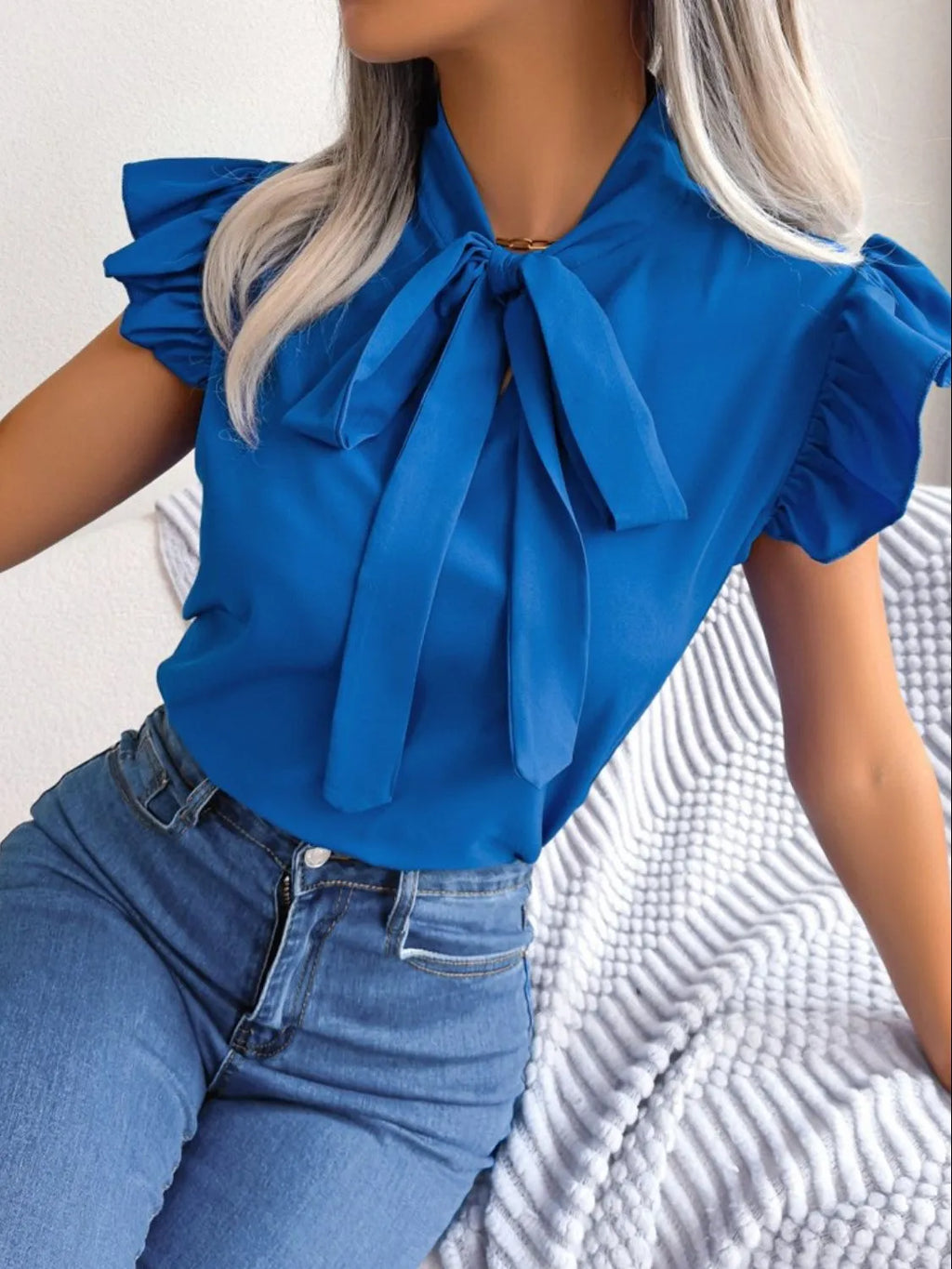 Women's Blouse Bow Tie Neck Ruffle Cap Short Sleeve Top Blue a2a369da-7003-4b4b-85f3-fe899dbb31ea-Max-Origin Trendsi