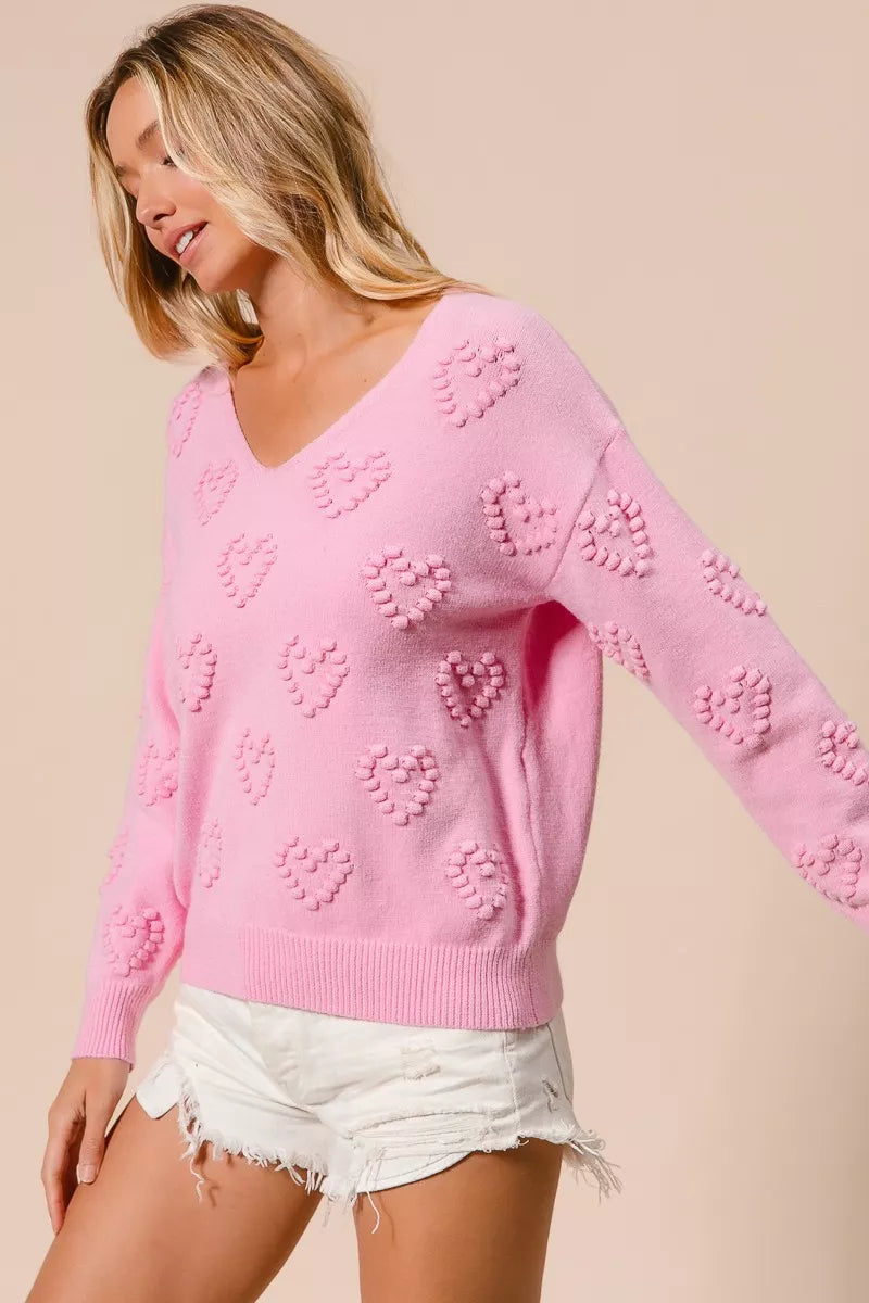 BiBi Women's Knit Top Pink Valentines Heart Pompom V Neck a2a3cad7c88d42458c4e9abf29c285d1-Max-Origin Trendsi