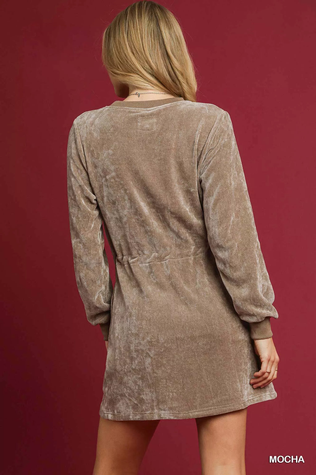 Umgee Mini Dress Velour Mocha Drawstring with Long Sleeves a2a7826f-24e7-4c86-8d70-eedb92866955-Max-Origin Trendsi