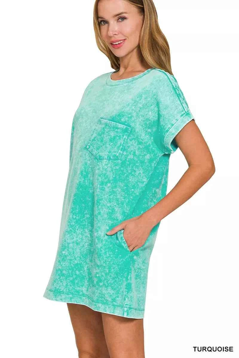 Zenana Premium T-Shirt Dress Turquoise Cotton Washed Short Sleeve a2aab9268ca74c33854913809cfe62ec-Max-Origin Trendsi