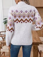 Women's Sweater White Geometric Knit Pattern Mock Neck Long Sleeve a2af27fef3a44dc2ad9a17363015ab3e-Max-Origin Trendsi