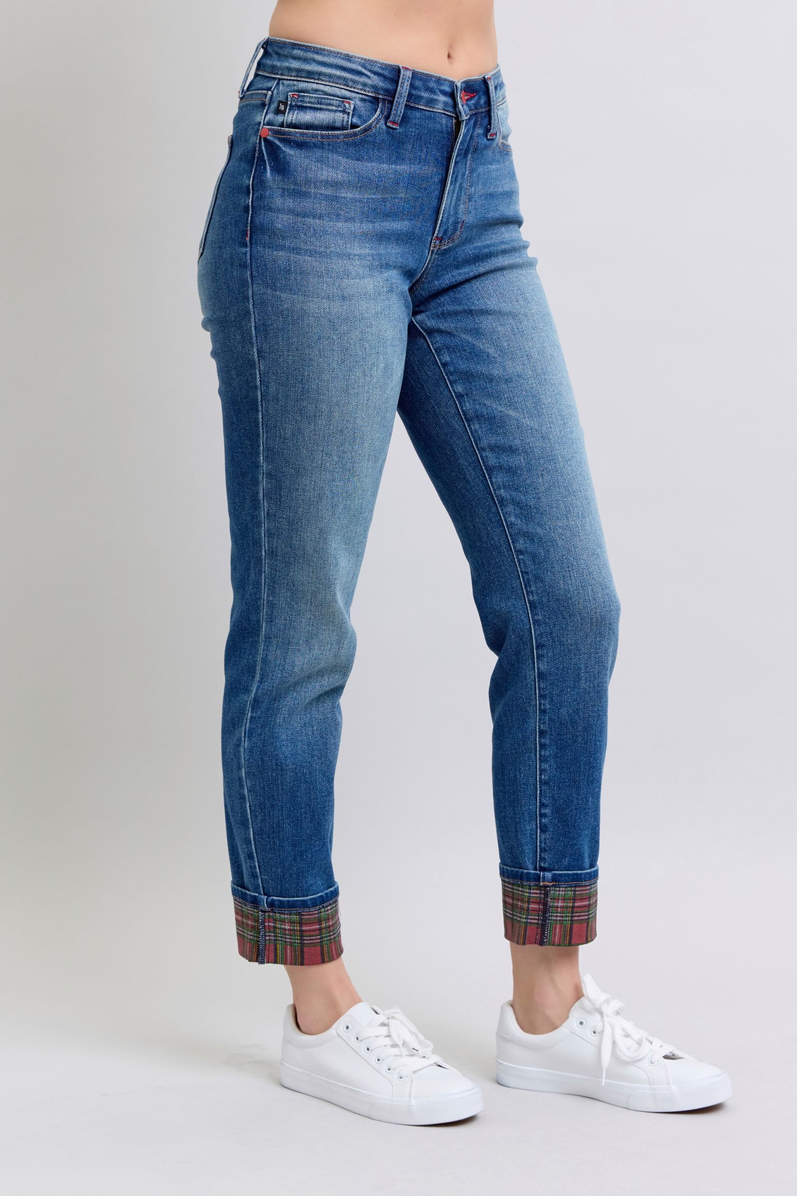 Judy Blue Women Jeans Plaid Print Cuff Straight Leg Blue Pants with Pockets