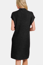 Zenana Sweater Mini Dress Knit Short Sleeve Black High Neck Patch Pocket a2b2d732-8fe2-4137-9a5c-d4d843e22062-Max Trendsi