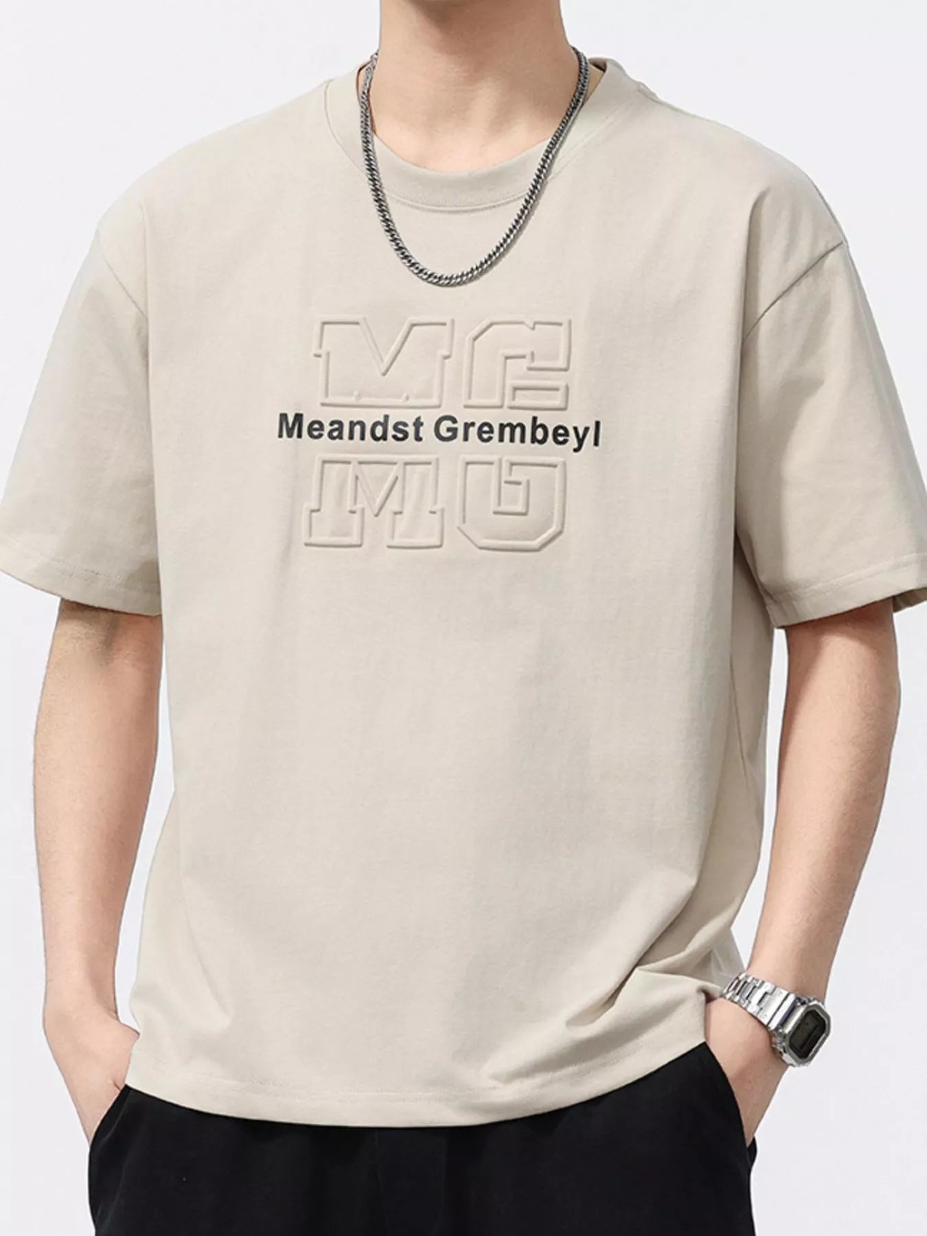 Men's Casual T-Shirt Round Neck Oversized Short Sleeve Top Plus Sizes Apricot