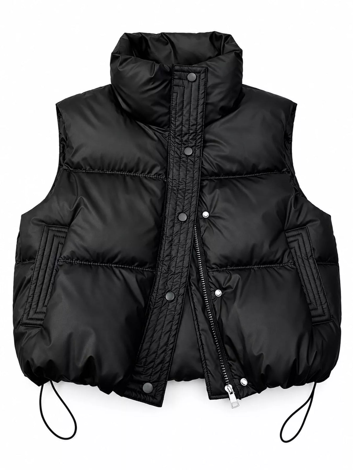 Front view of black insulated vest showing zipper, snaps, and high collar