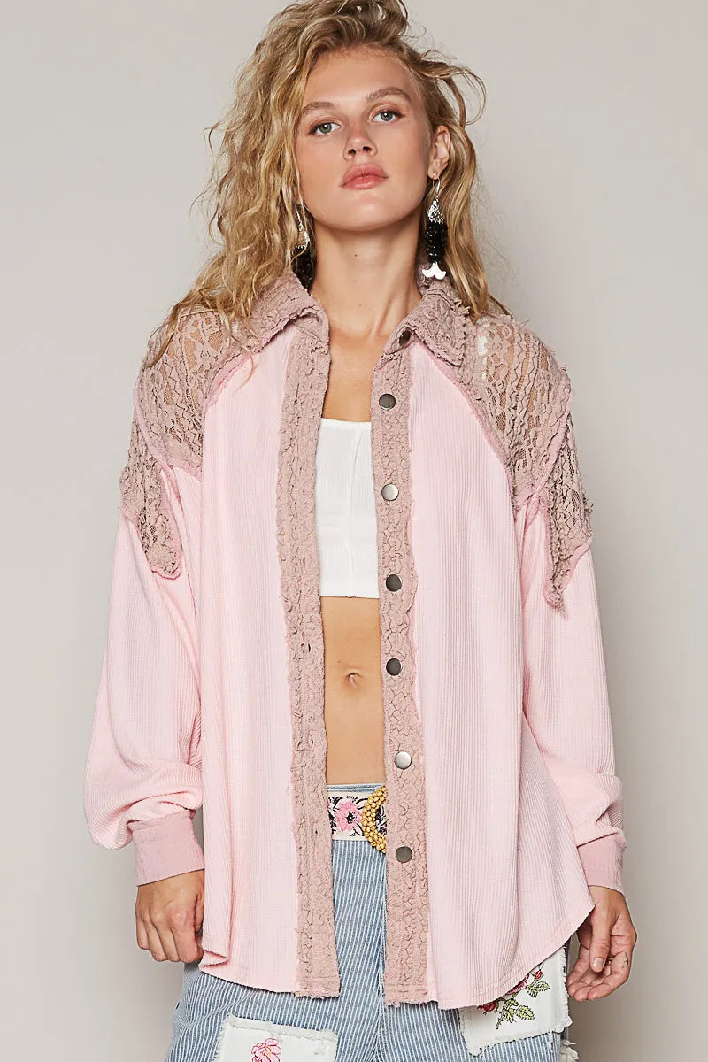 POL Button Up Shacket Blush Pink with Floral Lace Patchwork Long Sleeves Blush Pink a2bec0c2-b1ff-4b92-872e-364add4d2b52-Max-Origin Trendsi