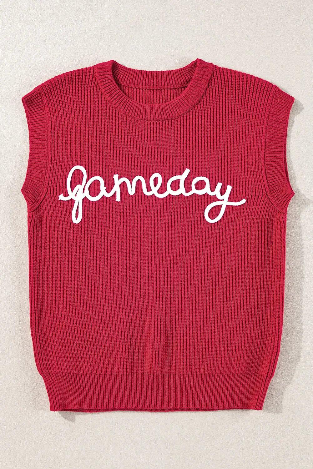 Burgundy Sweater Top GAME DAY Embroidered Round Neck Sleeveless