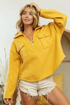 BiBi Sweatshirt Mustard Cotton Blend Fleece Collared with Flap Pockets Top a2c8785a75494f90925cd5af93ce77c5-Max-Origin Trendsi