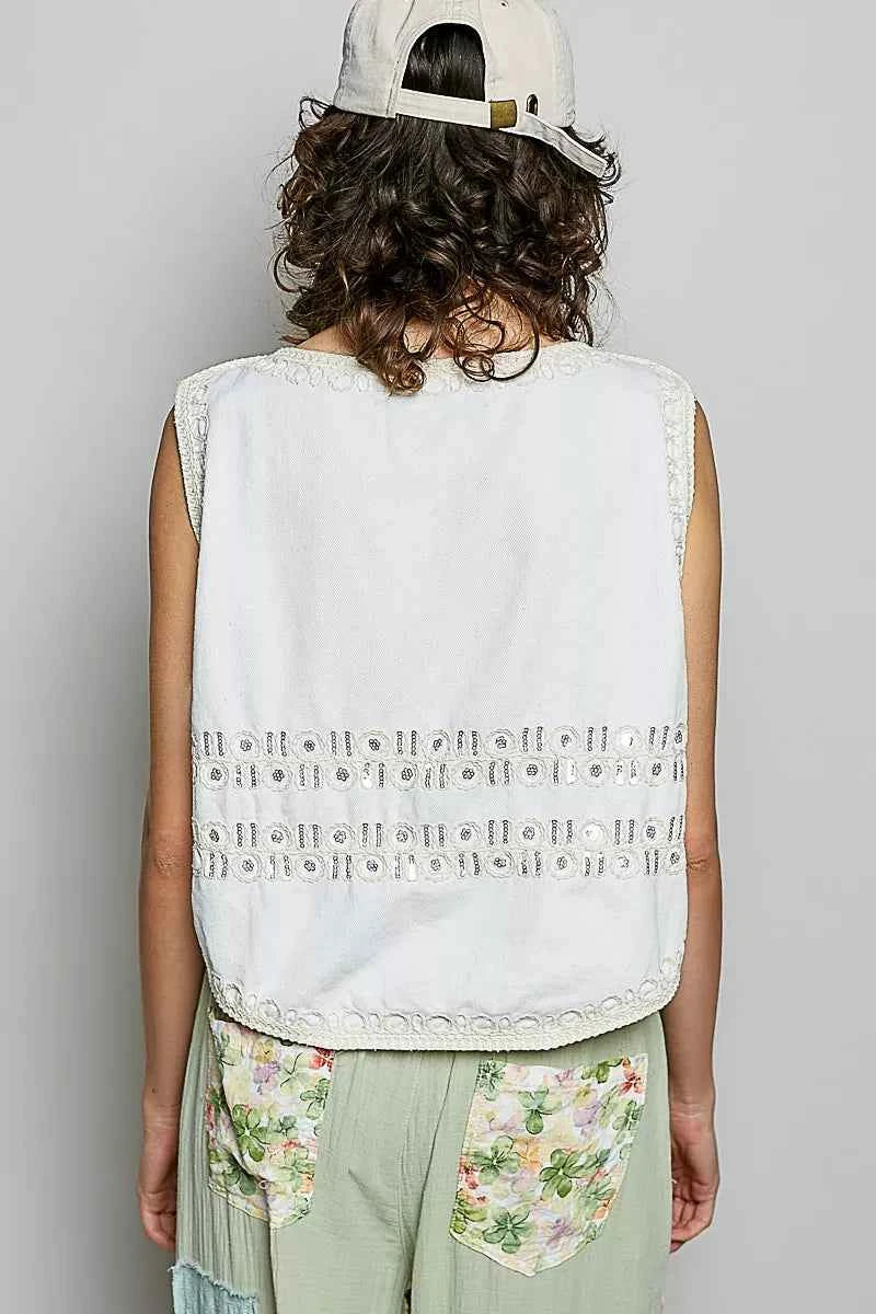 POL Embroidered Floral V-Neck Button Down Crochet Vest