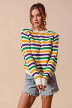 SO ME Women Sweater Ivory Mardi Gras Color Stripe Knit Top a2ce10613b8f4999acdf28b3c9f454a2-Max-Origin Trendsi