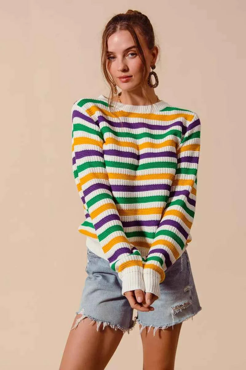 SO ME Women Sweater Ivory Mardi Gras Color Stripe Knit Top a2ce10613b8f4999acdf28b3c9f454a2-Max-Origin Trendsi