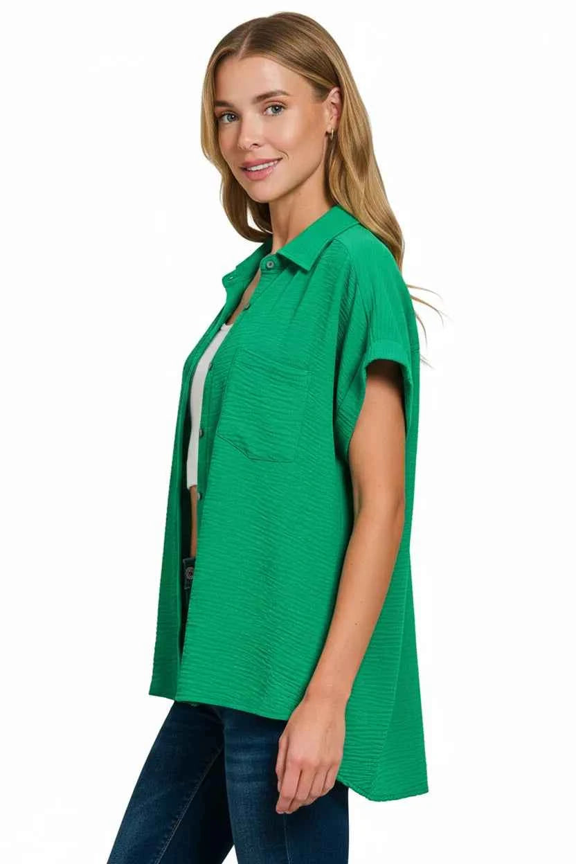 Zenana Woven Airflow Button Down Shirt