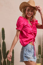 BiBi Top Hot Pink Ruffled Square Neck With Front Ruched Puff Sleeve a2e333ad7eae47c2af23ede980c3ec87-Max-Origin Trendsi