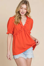 Lime 'N' Chili Babydoll Top Orange Ruffled Deep V-Neck Puff Short Sleeve a2e68580f0394b90b4fb52622ab70b06-Max-Origin Trendsi