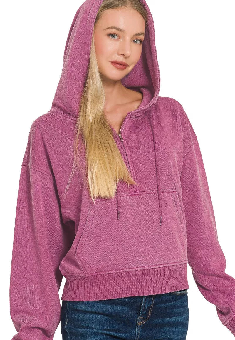 Zenana Fleece Pigment Dye Half Zip Kangaroo Pocket Hoodie WINE a2e9f9777230442593e9187cfa105858-Max-Origin Trendsi