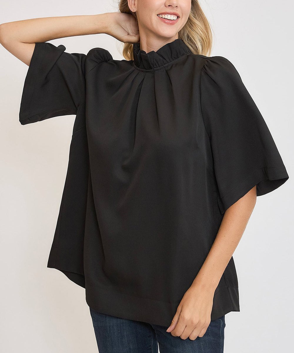 Umgee Black Women Blouse Bow Tie Back Mock Neck Half Sleeve Ruffled Top