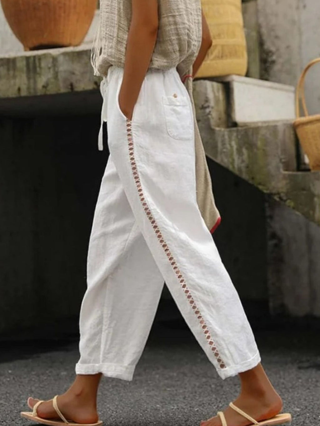 Hollow-Out Trimmed Cropped Pants with Drawstring and Pockets