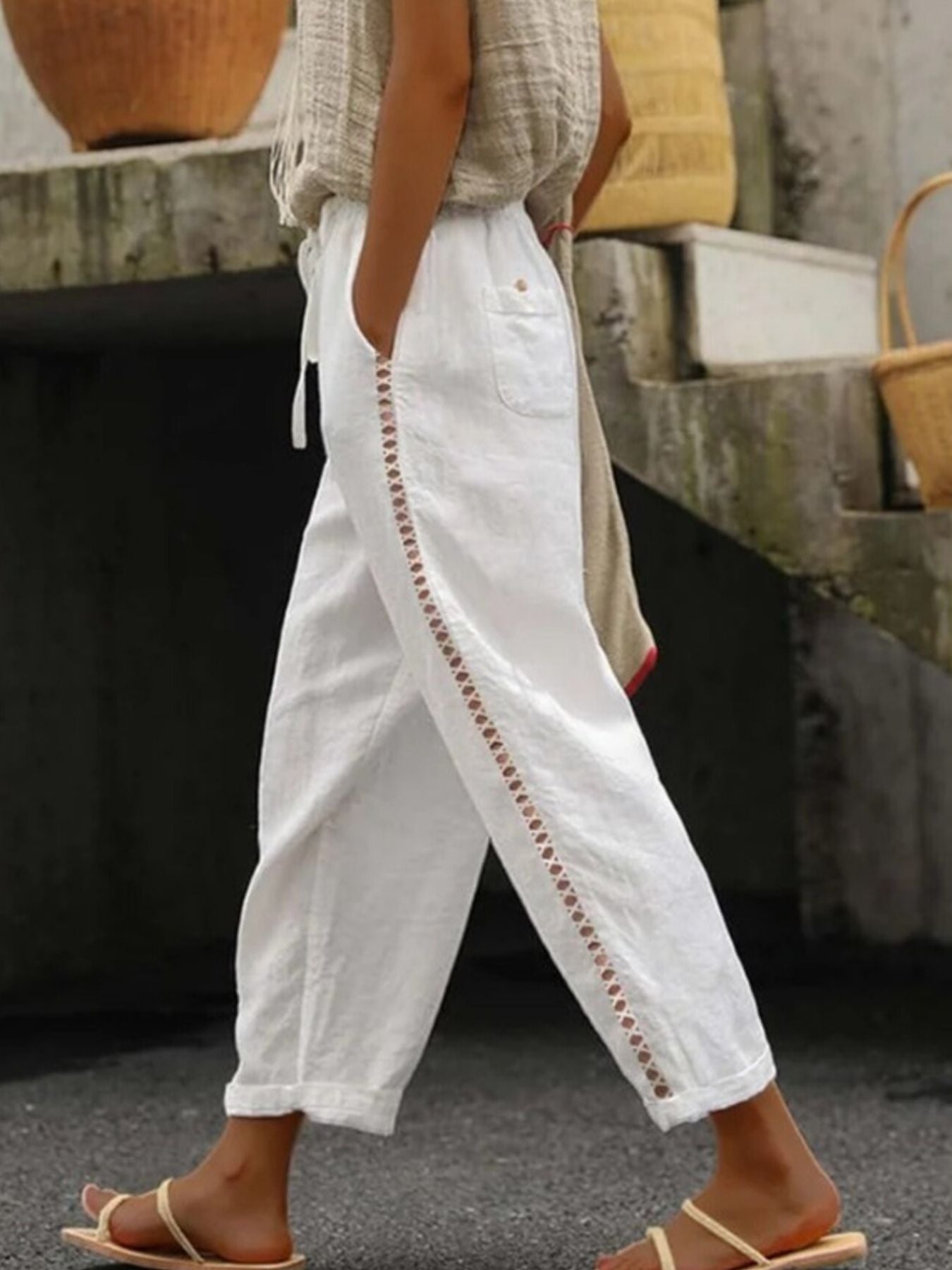 Hollow-Out Trimmed Cropped Pants with Drawstring and Pockets