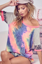 BiBi Tie Dye Womens Blouse French Terry Top With Stripe Leopard Raglan a317354e5114498aa340dd62e50865f3-Max-Origin Trendsi