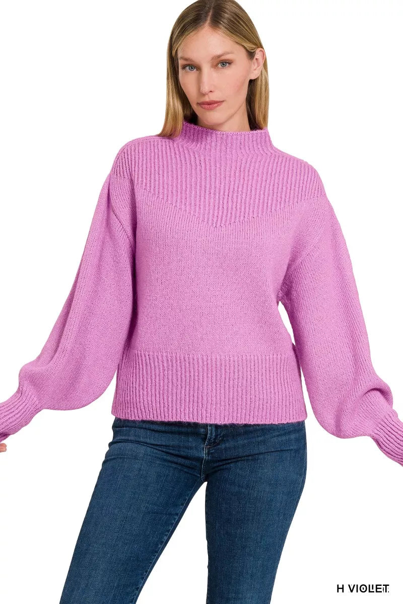 Zenana Womens Sweater Mauve Knit Balloon Sleeve Mock Neck Pullover H MAUVE a31814c1ba3045c38de817dc4d5c519e-Max-Origin Trendsi