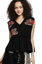 POL Floral Patch Ruffled Sleeveless Top with Raw Edge Detail