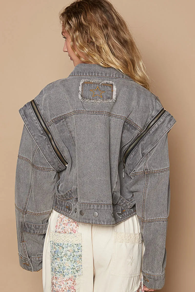 POL Cropped Denim Jacket Dark Gray with Removable Zipper Long Sleeves a31b9ffd-e2e8-4d74-89cf-234f8a425096-Max-Origin Trendsi