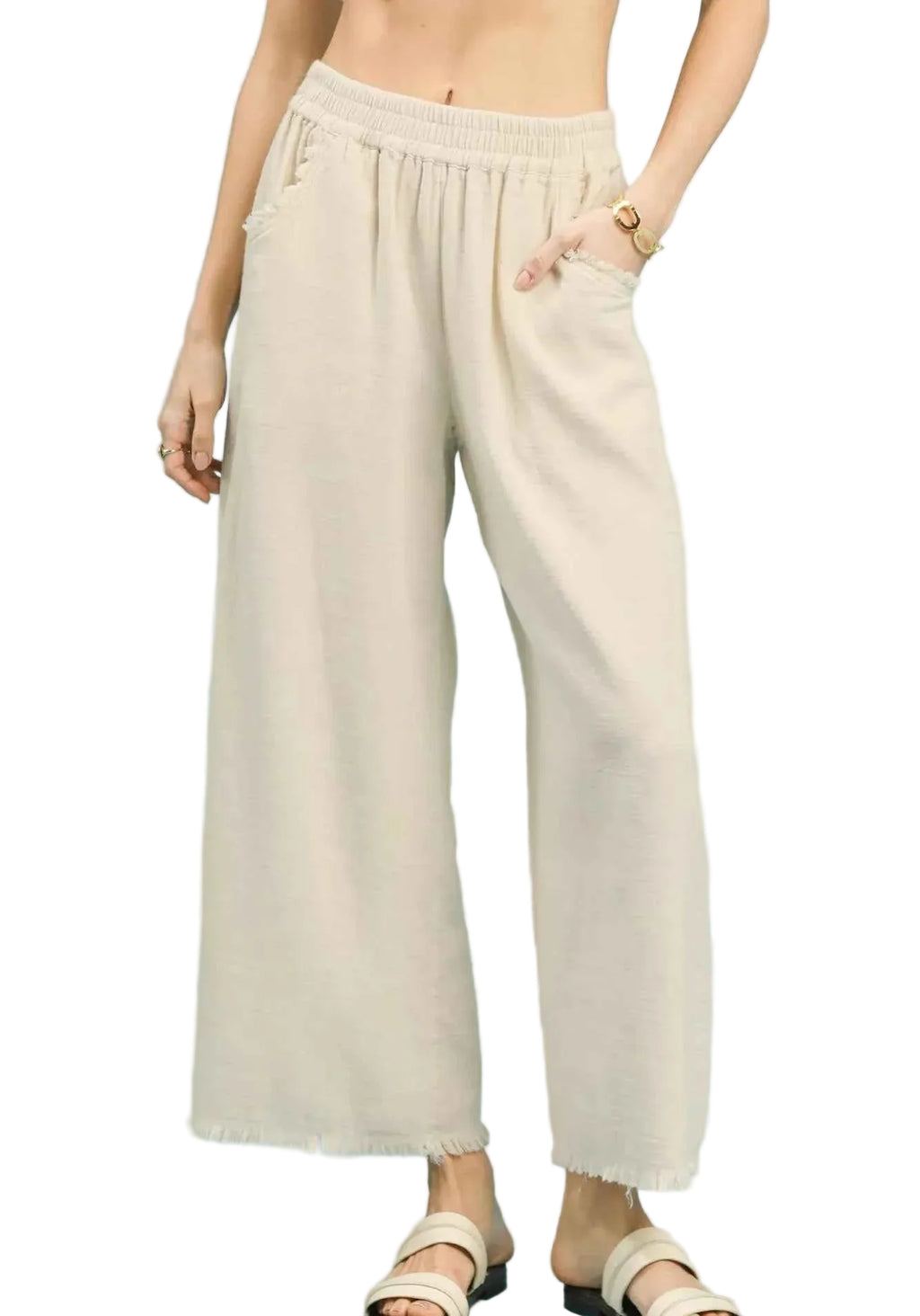 Umgee Wide Leg Pants Cream Cotton Frayed Hem with Pockets CREAM a327e38b-e1d2-49db-b460-673f1a0d0988-Max-Origin Trendsi