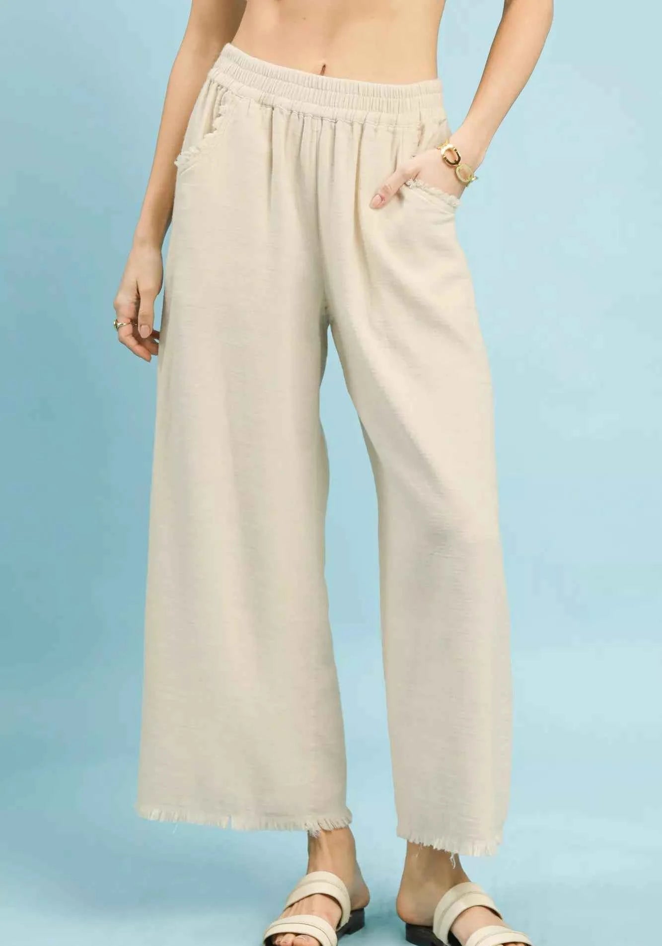 Umgee Wide Leg Pants Cream Cotton Frayed Hem with Pockets CREAM a327e38b-e1d2-49db-b460-673f1a0d0988-Max-Origin Trendsi