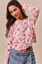 SO ME Floral Print Button Front Sweater Cardigan Top