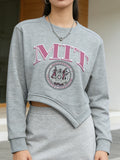 Graphic Asymmetrical Round Neck Cropped Sweatshirt with Slight Stretch