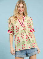 Umgee Womens Blouse Ecru Floral V-Neck Puff Short Sleeve Top ECRU a333f2aa-7f67-4b64-84bd-49e8ac08a1ff-Max-Origin Trendsi