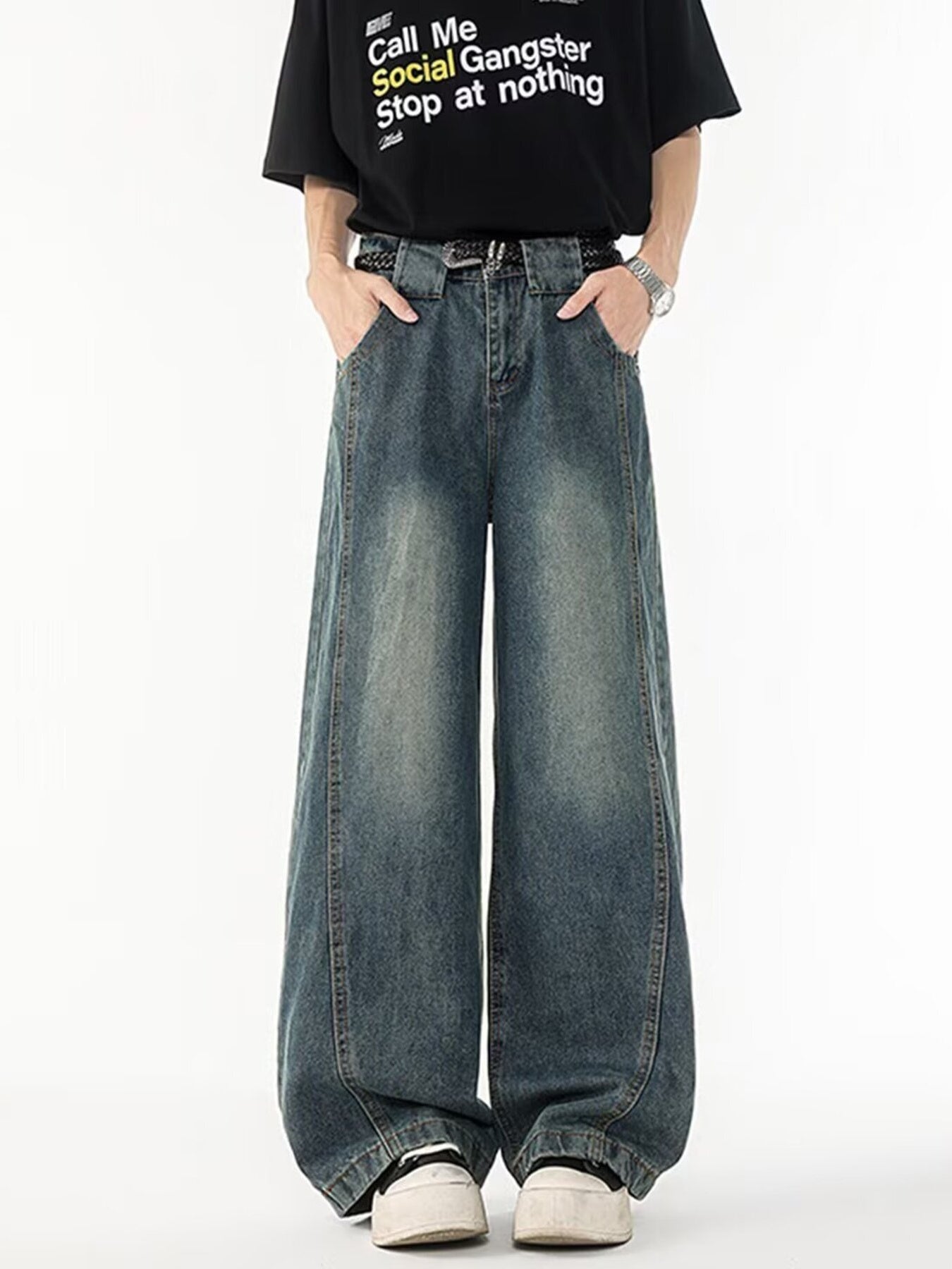 Men's Plus Size Full-Length Wide Leg Vintage Wash Jeans