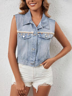 Button-Up Denim Vest with Rayon and Elastane Blend, No Stretch, Machine Washable, Imported