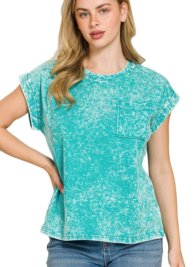 Zenana Full Size Crinkle Washed Round Neck Folded Short Sleeve Tee Plus Size