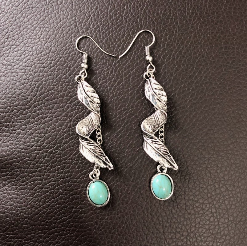 Alloy Leaf Pendant Earrings Artificial Turquoise 9K gold-plated Fashion Jewelry