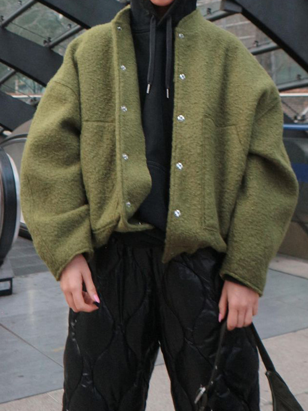 Women Jacket Snap Collared Long Sleeve Elastic Hem Oversized Pocketed Moss a3524596-b7a2-4d7d-b5c3-5ff22eb75d39-Max Trendsi