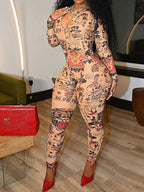 Printed Long Sleeve Jumpsuit with Front Zipper