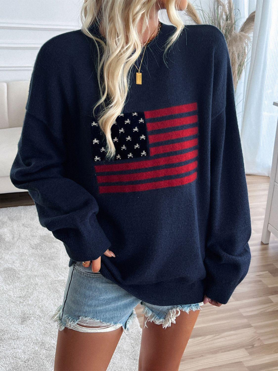 Knit Top US Flag Round Neck Long Sleeve Knitwear Dark Blue a35a3572-836e-4e7a-8b3f-15a3c0d48e95-Max Trendsi
