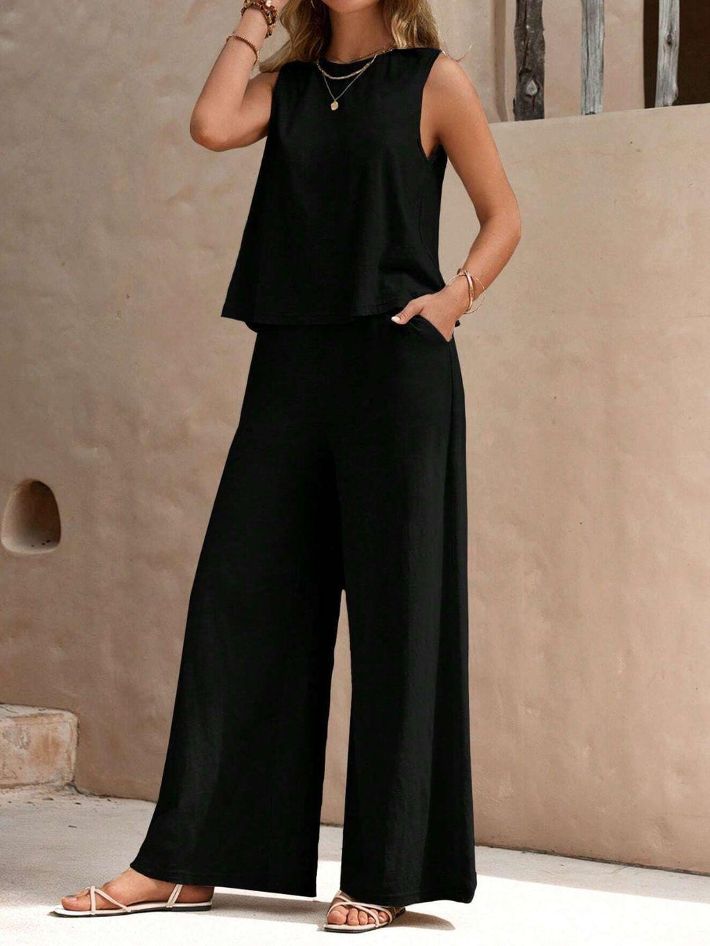 Outfit Set 2 Pcs Women's Round Neck Sleeveless Top and Wide Leg Pants Set Black a35bb0ca-cbf8-4c66-8c50-9c29c3b81cdd-Max_8774d68b-6ce5-4b1f-99fc-a555c9cbe574 STYLEINGER