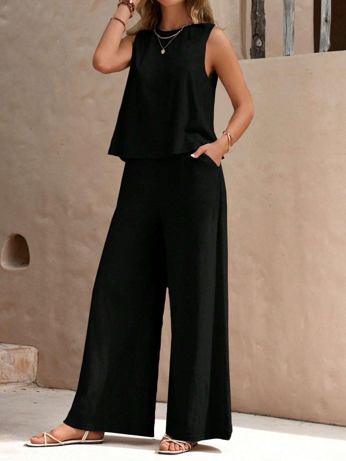Outfit Set 2 Pcs Women's Round Neck Sleeveless Top and Wide Leg Pants Set Black a35bb0ca-cbf8-4c66-8c50-9c29c3b81cdd-Max_8774d68b-6ce5-4b1f-99fc-a555c9cbe574 STYLEINGER