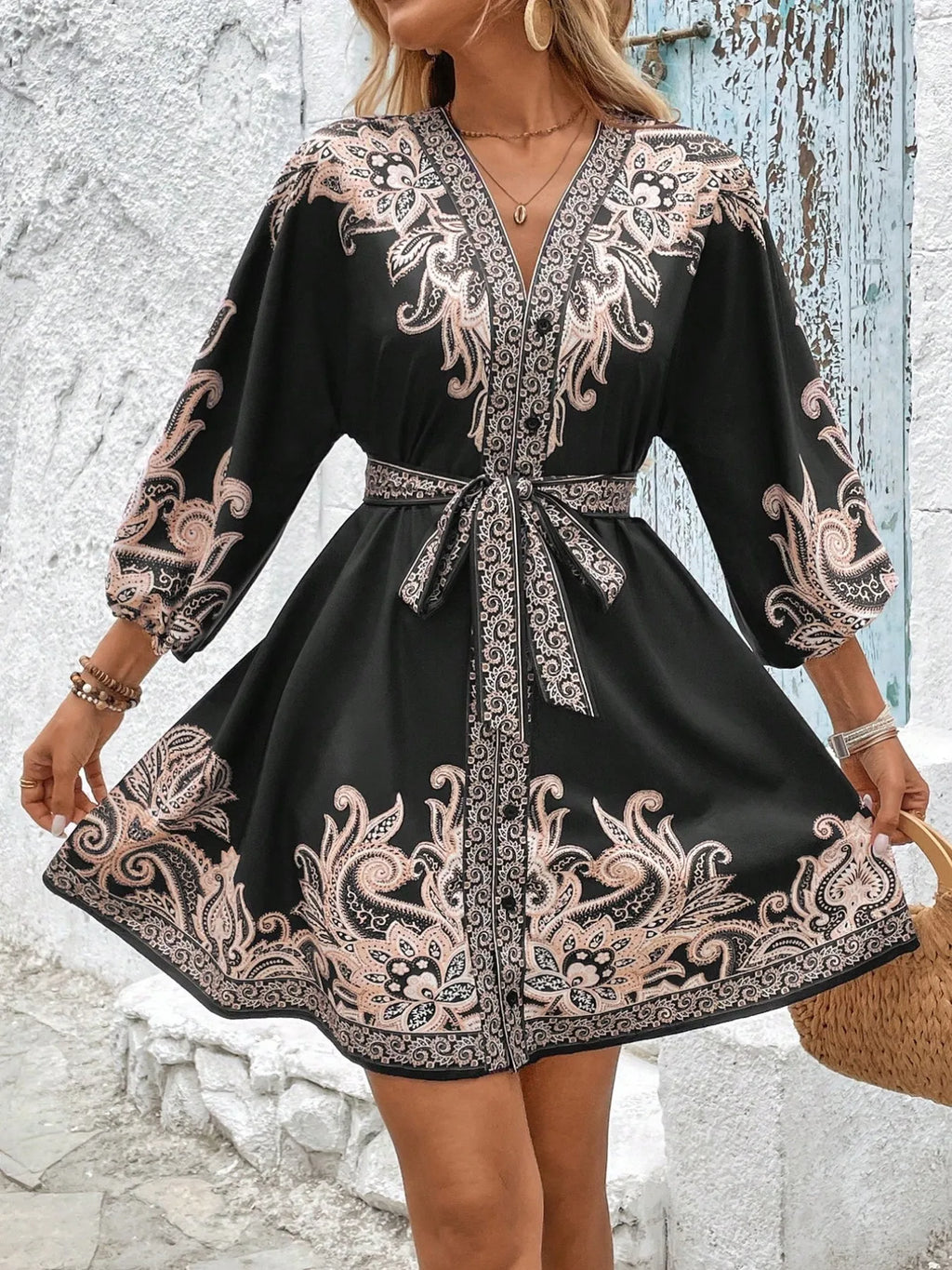 Mini Kimono Dress Paisley Printed V-Neck Balloon 3/4 Sleeve S-2XL a35c3fbf-5da8-4d54-b360-78dd94502617-Max-Origin Trendsi