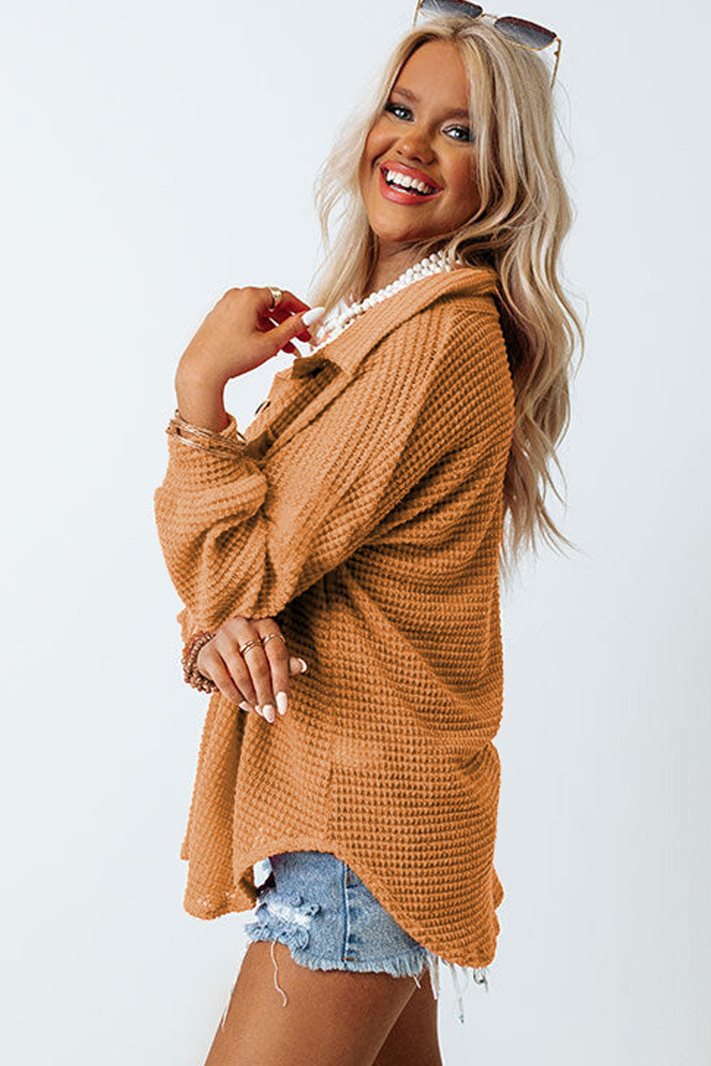 Waffle-Knit Women Shirt Collared Neck Long Sleeve Pocketed Single Breasted a35cfccc-1b66-4cd0-bbac-f882f65e8646-Max Trendsi