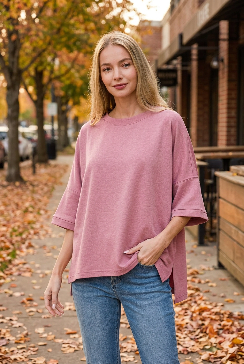 Zenana Women's Light Rose Scuba Round Neck Top with Side Slits